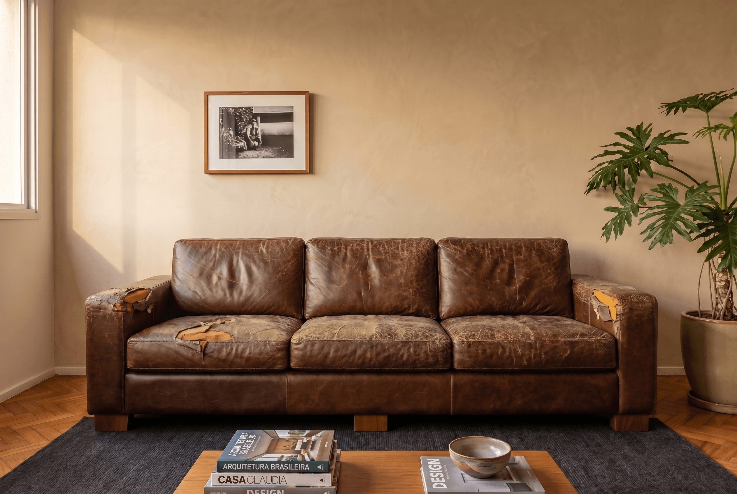 Sofá de couro 3 lugares antes da reforma