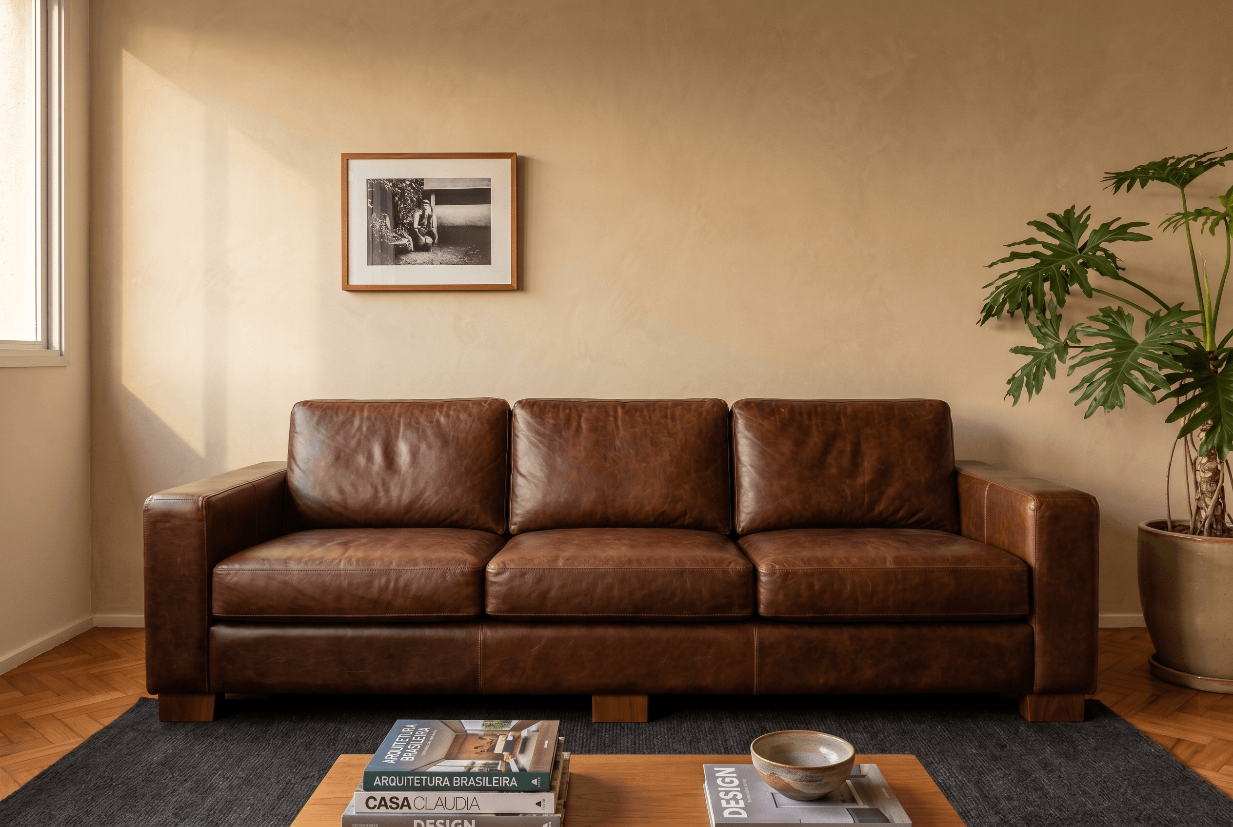 Sofá de couro 3 lugares depois da reforma