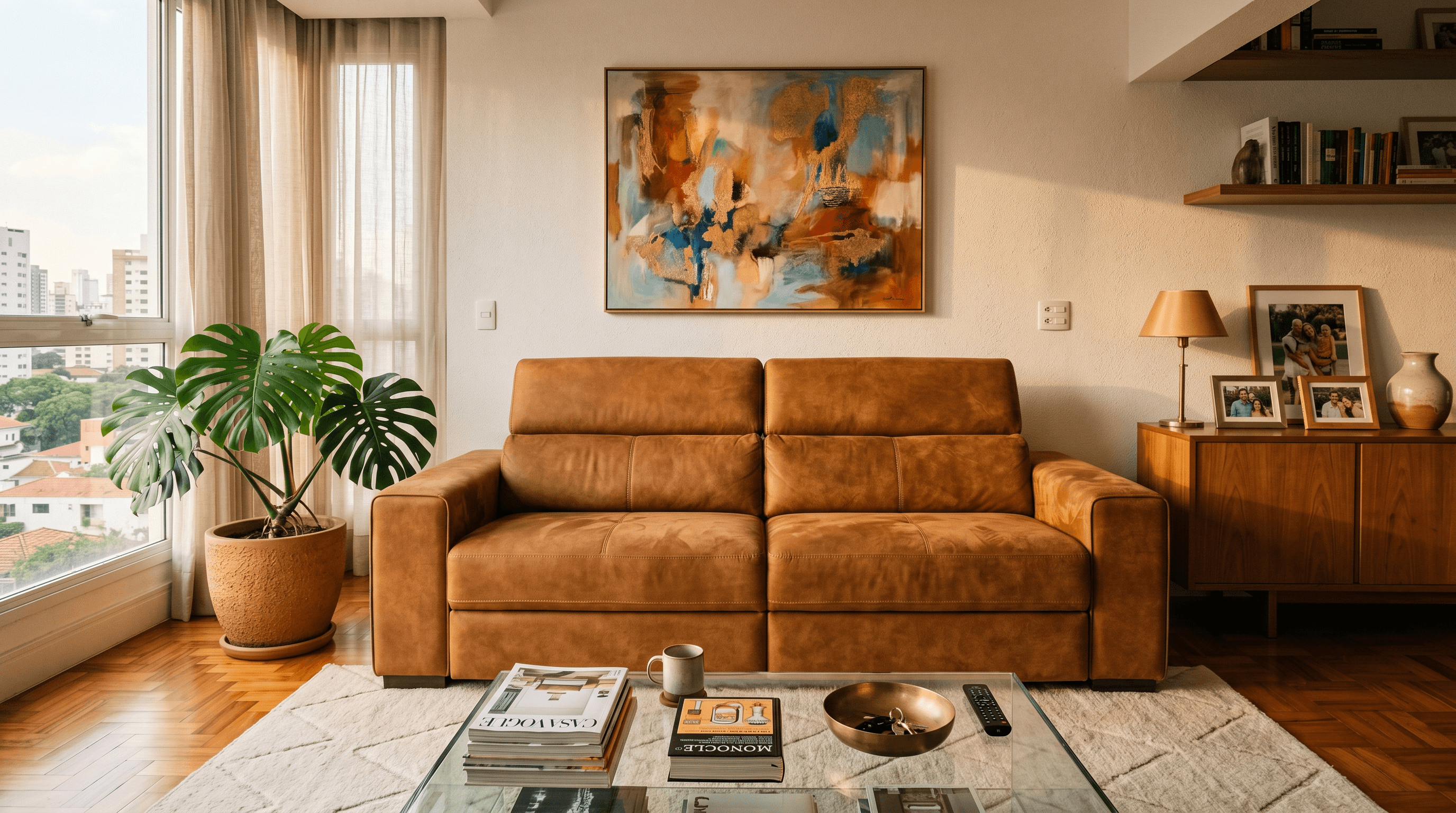 Sala de apartamento em Brooklin com sofá restaurado pela Aicás Tapeçaria